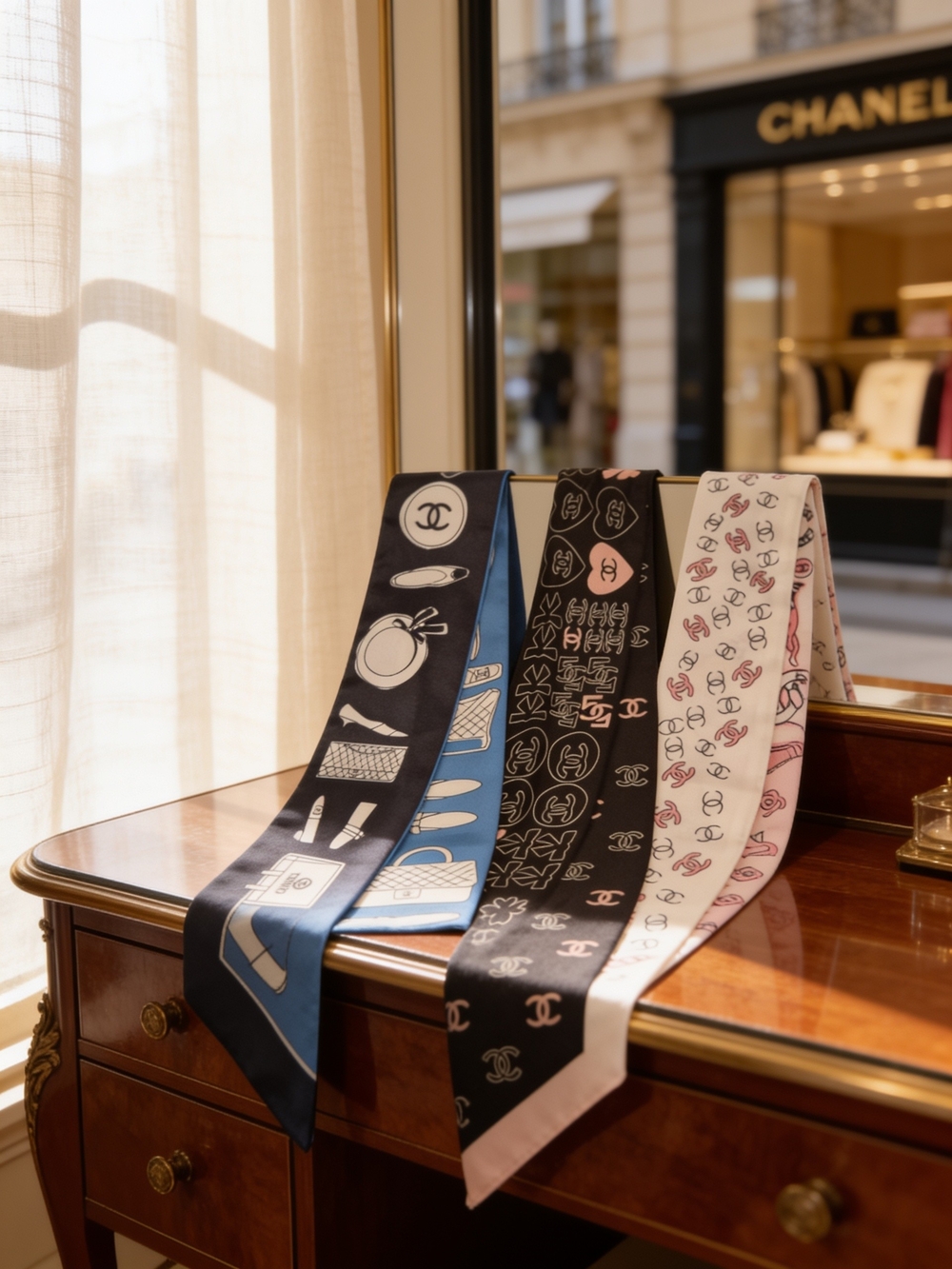CHANEL Pink, Black & Blue Decorative Silk Twilly Trio